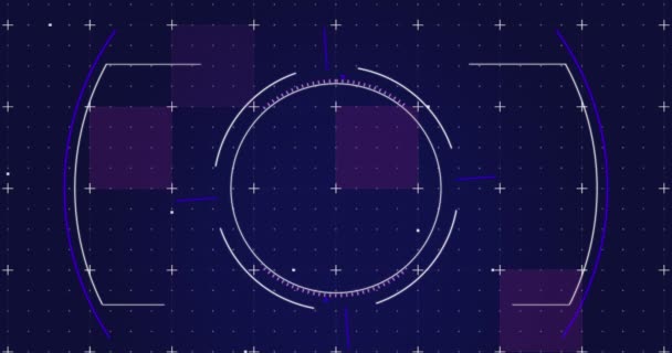 背景にグリッドパターンに対してプラス記号と正方形上の円のアニメーション デジタル生成 ホログラム イラスト 3次元および技術の概念 — ストック動画