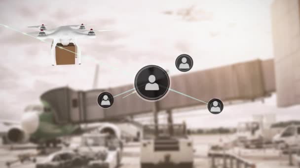 Animazione Icone Collegate Drone Che Trasportano Scatola Cartone Contro Aereo — Video Stock