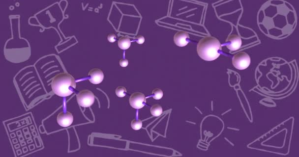 Animace Molekulárních Struktur Piktogramů Fialovém Pozadí Věda Výzkum Učení Koncepce — Stock video