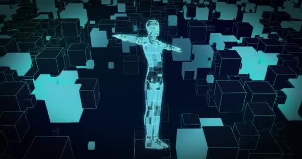 Hareket Eden Küplerin Üzerinde Dönen Mavi Küboid Vücut Şekli Animasyonu — Stok video