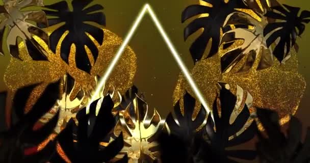 Animace Listů Rostlin Monstery Bílého Neonového Trojúhelníku Nad Žhnoucími Žlutými — Stock video