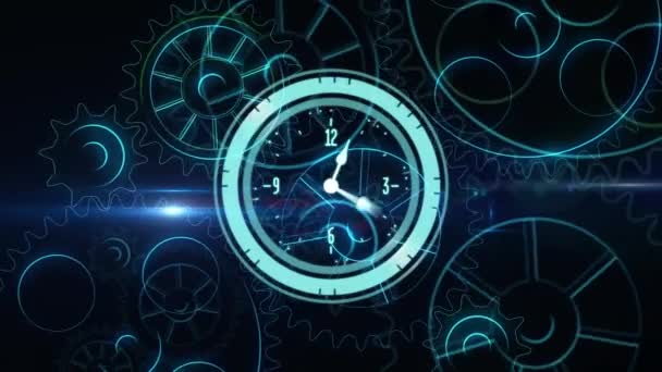 Animação Relógio Tiquetaque Néon Ponto Luz Azul Sobre Ícones Engrenagem — Vídeo de Stock