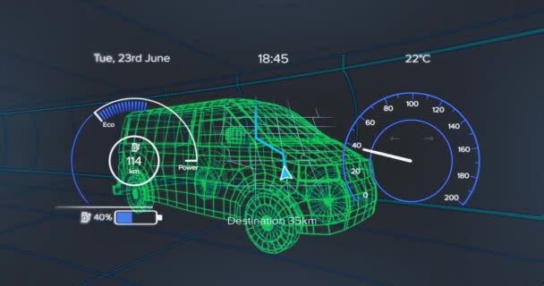 速度計 黒い背景に対するバンの3Dモデル上のバッテリーアイコンのアニメーション デジタル生成 ホログラム イラスト 進捗状況 輸送と技術の概念 — ストック動画