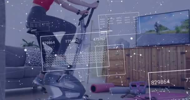 Animation Databehandling Kaukasiske Kvinde Cykling Stationær Cykel Derhjemme Globale Sportsgrene – Stock-video
