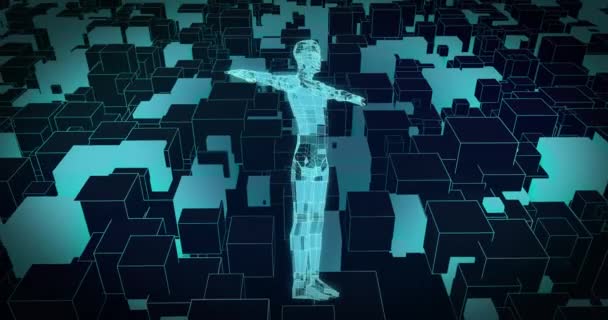 蓝色3D立方体的动画 身体形状在移动的立方体上旋转 Deep Learning Psychological Data Technology Concept Digital Generated — 图库视频影像