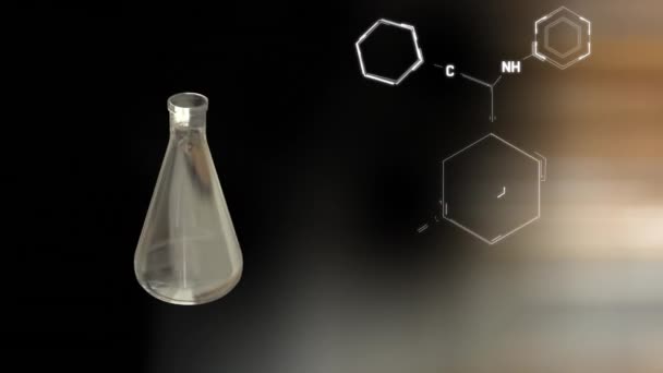 Animering Laboratorium Glasflaska Över Kemiska Strukturer Svart Bakgrund Global Vetenskap — Stockvideo