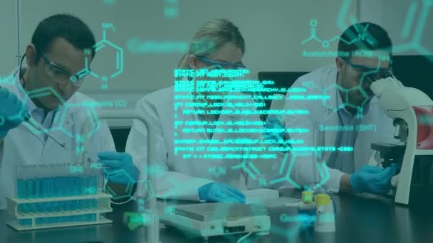 Анімація Хімічних Структур Обробка Даних Над Різними Вченими Працюють Лабораторії — стокове відео