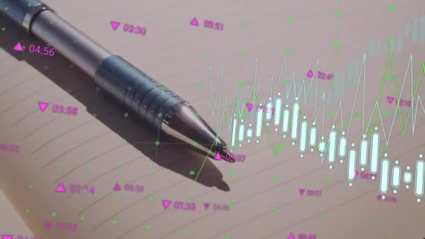 Animatie Van Meerdere Grafieken Trading Board Pen Blanco Boek Achtergrond — Stockvideo