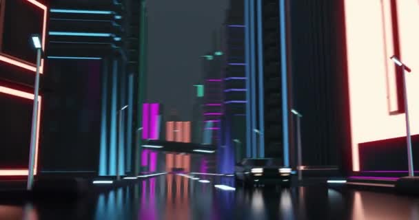 Animation Des Autofahrens Neonbeleuchteter Stadt Bei Nacht Hintergrund Videospiel Zukunft — Stockvideo