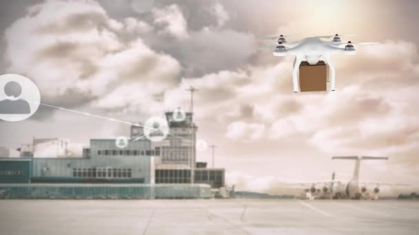 Animación Iconos Conectados Drones Que Transportan Cajas Cartón Edificios Aviones — Vídeo de stock