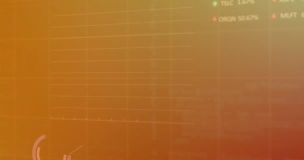 オレンジの背景にグラフ 取引ボード コンピュータ言語のアニメーションと読み込み円 デジタル生成 ホログラム 株式市場 レポート ビジネス コーディング テクノロジーの概念 — ストック動画