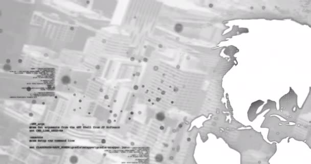 Animatie Van Computertaal Stippen Hele Wereld Tegen Moderne Stad Achtergrond — Stockvideo