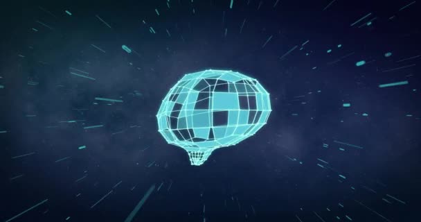 Animação Cérebro Cuboide Azul Girando Sobre Trilhas Luz Fundo Céu — Vídeo de Stock