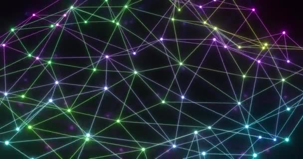Animation d'un réseau 3d coloré lumineux se déplaçant sur fond noir. Communication, connexion et concept de réseau vidéo générée numériquement.