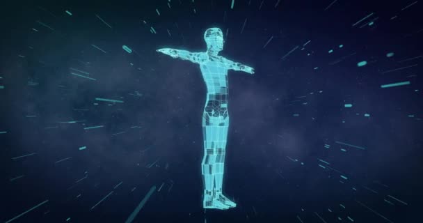 Animação Azul Forma Corpo Cuboide Girando Sobre Trilhas Luz Fundo — Vídeo de Stock
