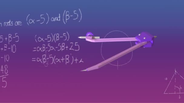 Animazione Bussola Formule Matematiche Sfondo Viola Concetto Apprendimento Istruzione Scuola — Video Stock