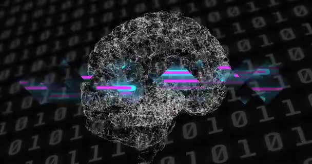Animation Des Menschlichen Gehirns Binäre Codierung Und Datenverarbeitung Globale Wissenschaft — Stockvideo