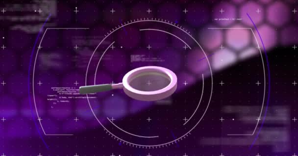 紫色の背景に虫眼鏡 スコープ データ処理のアニメーション グローバルサイエンス コンピューティング デジタルインターフェイス データ処理コンセプトデジタル生成ビデオ — ストック動画