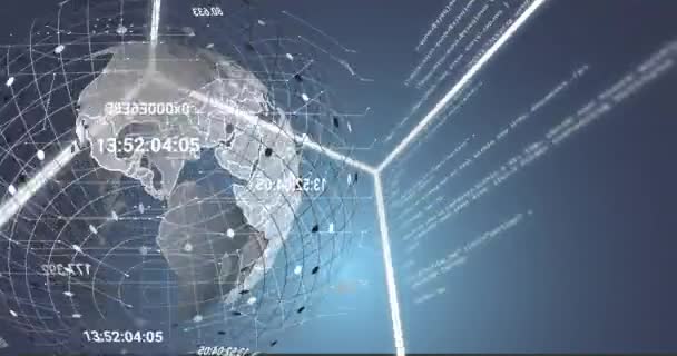 Animation Von Rotierendem Würfel Und Globus Mit Datenverarbeitung Auf Dunkelblauem — Stockvideo