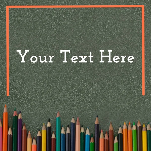 Holding Text Space Row Coloured Pencils Orange Frame Grey Texture — Stock Photo, Image