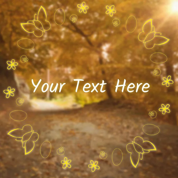 点缀着花朵和蝴蝶的装饰框架的文字在秋天的森林小径上保持着空间 社交媒体性质或季节性故事后背景模板概念数字生成的图像 — 图库照片