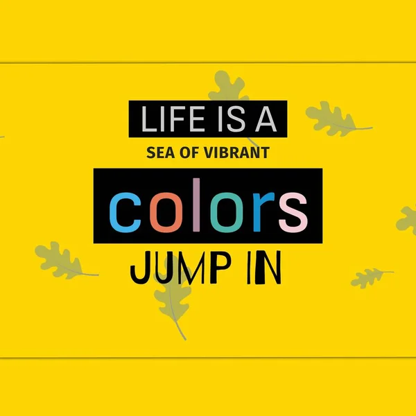 生命的构成是一片生机勃勃的大海 色彩在文本的图案上跳跃着黄色的背景 彩色和正态度概念数字生成的图像 — 图库照片