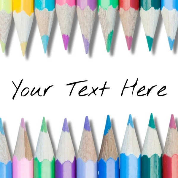 Holding Text Space Row Coloured Pencils White Background Social Media — Stock Photo, Image