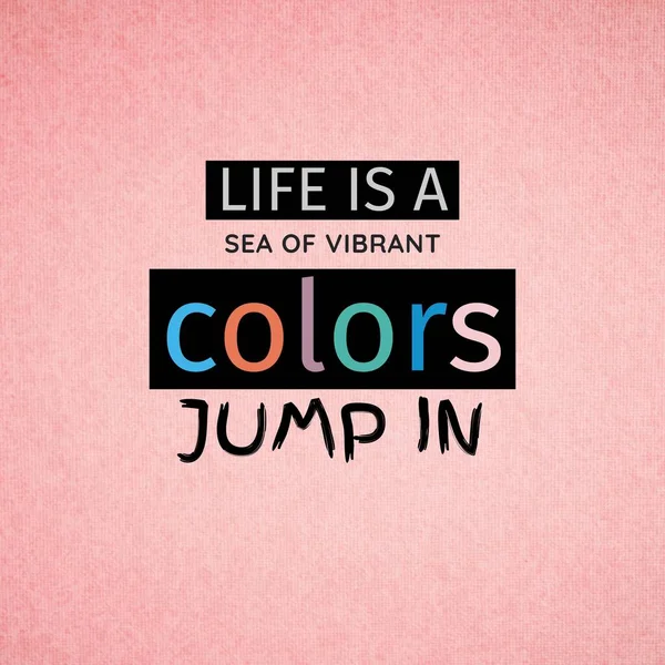Skład Życia Jest Morze Żywych Kolorów Skakać Tekście Różowym Tle — Zdjęcie stockowe