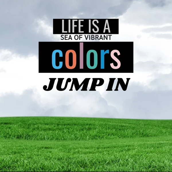 Composition Life Sea Vibrant Colours Jump Text Sky Grass Background — Stock Photo, Image