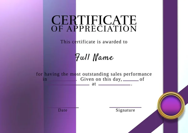 Certificate Appreciation Sales Text Holding Text Details Purple Bands White — Stock Photo, Image