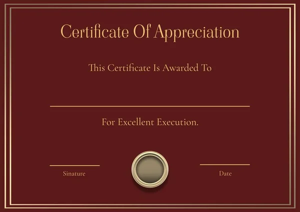 Certificado Apreciação Por Excelente Texto Execução Bordas Ouro Vermelho Escuro — Fotografia de Stock