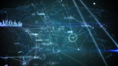 Dünya haritasına karşı bağlantılar ağı, veri işleme ve ışık yolları animasyonu. Küresel ağ ve iş teknolojisi kavramı