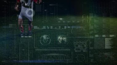 Kafkasyalı futbolcu ve futbolcu üzerinden finansal veri işleme animasyonu. Küresel spor, rekabet, dijital arayüz ve dijital olarak oluşturulmuş veri işleme kavramı.