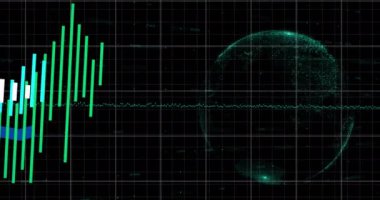 Siyah arka planda dönen dünya üzerinde istatistiksel veri işleme animasyonu. Küresel ağ ve iş veri teknolojisi kavramı