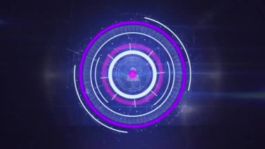 Neon mor yuvarlak tarayıcı üzerinde profil simgelerinin ve ışık izlerinin animasyonu. Küresel ağ ve iş teknolojisi kavramı