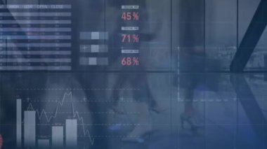 Animation of financial data processing over cityscape. Global business, finances, computing and data processing concept digitally generated video.