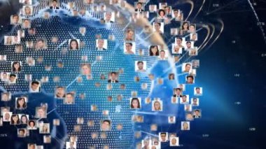 Profil resimlerinin ve dünya çapında çizgilerin mavi arkaplandaki sayılarla karşılaştırılması. Dijital bileşik, çoklu pozlama, illüstrasyon, küreselleşme, büyüme, soyut ve iş konsepti.