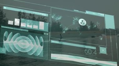 Şehir manzarası üzerinde veri işlenen ekranların animasyonu. Dijital olarak oluşturulmuş küresel bağlantılar, iş, finans, bilgisayar ve veri işleme kavramı.