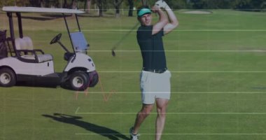 Grafiklerin animasyonu, beyaz tenli oyuncu atış şapkası ve golf sopasını kaybettiği için kızgın. Dijital bileşik, çoklu pozlama, rapor, iş, spor, yarışma konsepti.