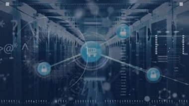 Bağlı simgelerin döngü simgeleri üzerinde canlandırılması ve sunucu odasına çubuklar yüklenmesi. Dijital bileşik, çoklu pozlama, iletişim, ilerleme, ağ oluşturma, teknoloji ve ağ sunucusu.