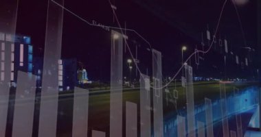 Gece şehir trafiğinin hızlandırılmasına karşı istatistiksel veri işleme animasyonu. Bilgisayar arayüzü ve iş veri teknolojisi kavramı