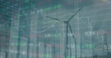 Rüzgar türbini üzerinde finansal veri işleme animasyonu. Küresel çevre, rüzgar enerjisi, iş dünyası, finans, bilgisayar ve veri işleme kavramı dijital olarak oluşturulmuş video.