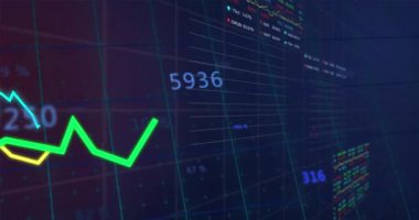 Animation of statistical and stock market data processing against blue background. Global economy and business data technology concept