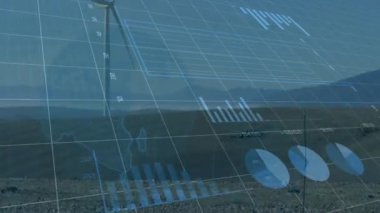 Gökyüzündeki bulutlara karşı çayırlarda dönen yel değirmeni üzerinde istatistiksel veri işleme animasyonu. İş verileri ve yenilenebilir enerji teknolojisi kavramı