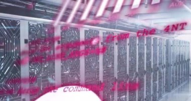 Bilgisayar sunucu odasındaki istatistiksel veri işleme ve mikroişlemci bağlantılarının animasyonu. Bilgisayar arayüzü ve iş veri depolama teknolojisi kavramı