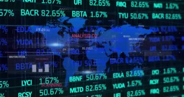 Animation of financial data processing over world map. Global business, finance, computing and data processing concept digitally generated video.