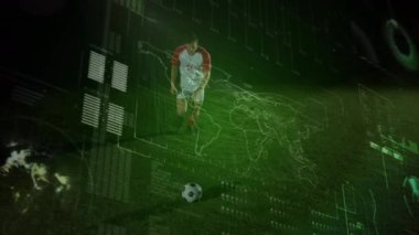 Kafkasyalı futbolcu ve futbolcu üzerinden finansal veri işleme animasyonu. Küresel spor, rekabet, dijital arayüz ve dijital olarak oluşturulmuş veri işleme kavramı.