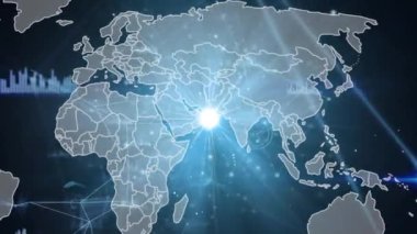 Bağlantılar ağı üzerinden dünya haritasının animasyonu ve mavi arka planda ışık noktası. Küresel ağ ve iş teknolojisi kavramı