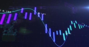 Animation of financial data processing over blue background. Global business, finances, computing and data processing concept digitally generated video.