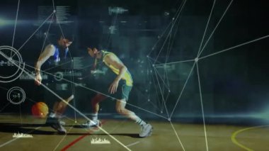Çeşitli oyuncuların basketbol oynaması üzerine bağlı noktaların ve grafik simgelerinin animasyonu. Dijital bileşik, çoklu pozlama, iletişim, rapor, iş, spor ve rekabet kavramı.